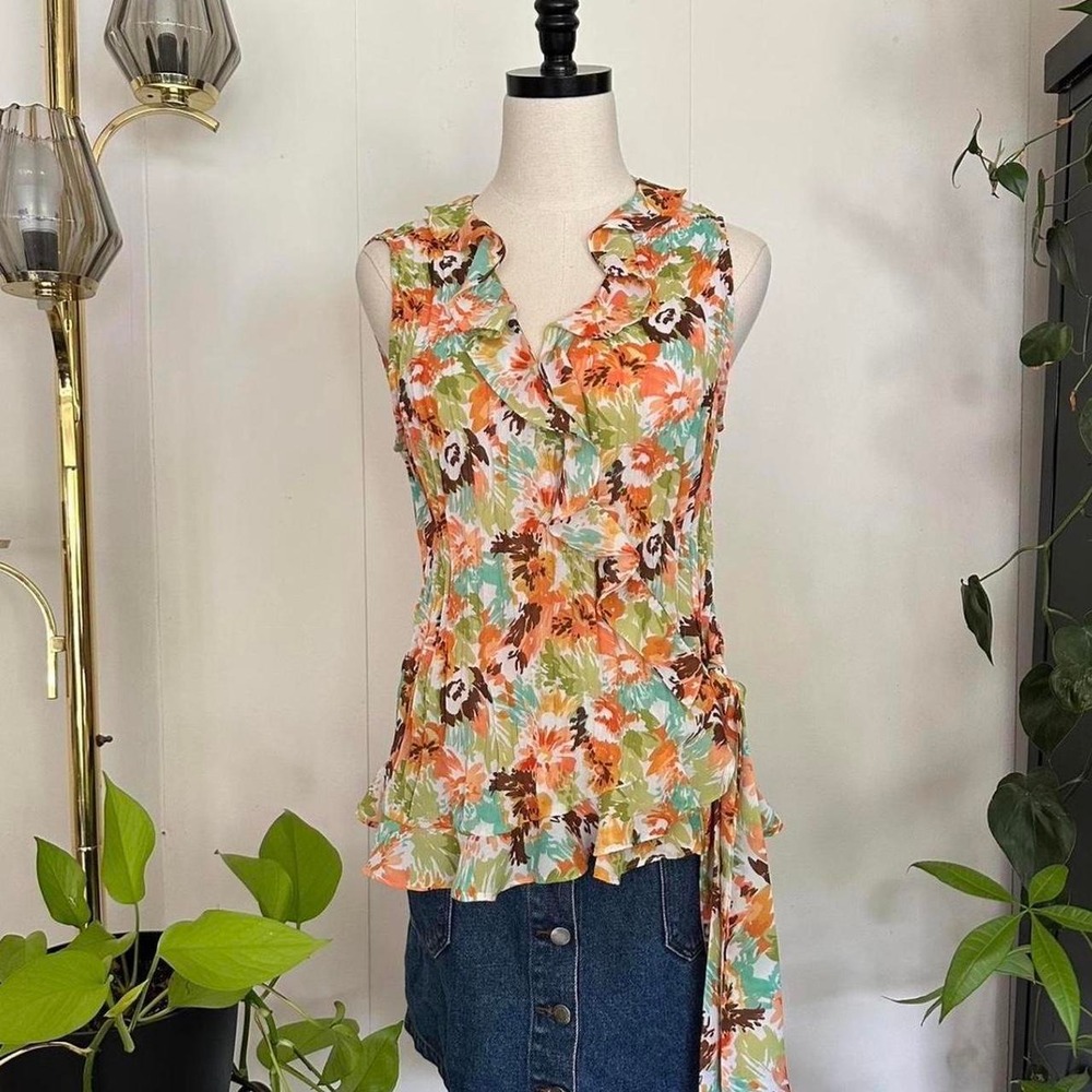 Sunny Leigh Floral Ruffle Wrap Top Tie Waist Sleeveless Multi Color Large